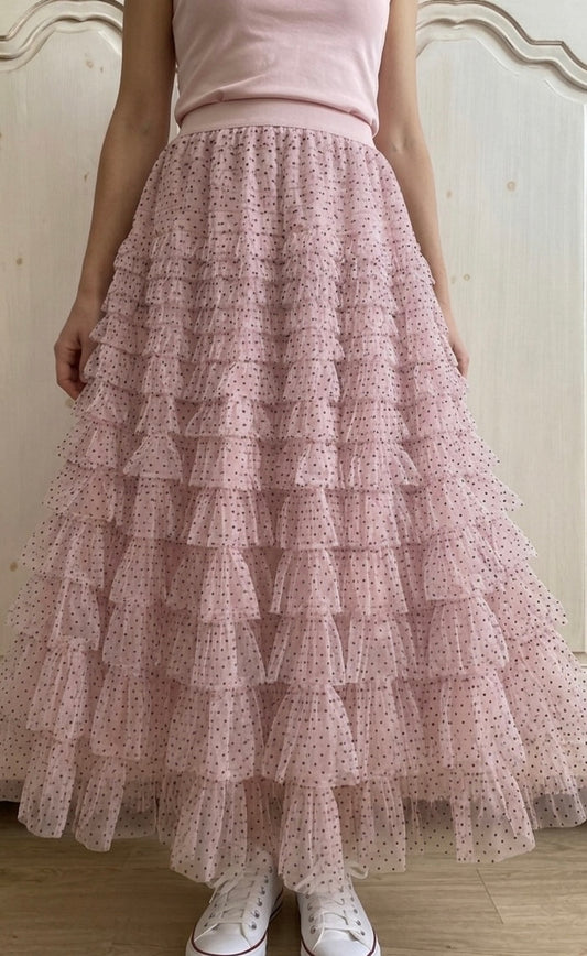 Jupe froufrou pois rose  du 38 au 46