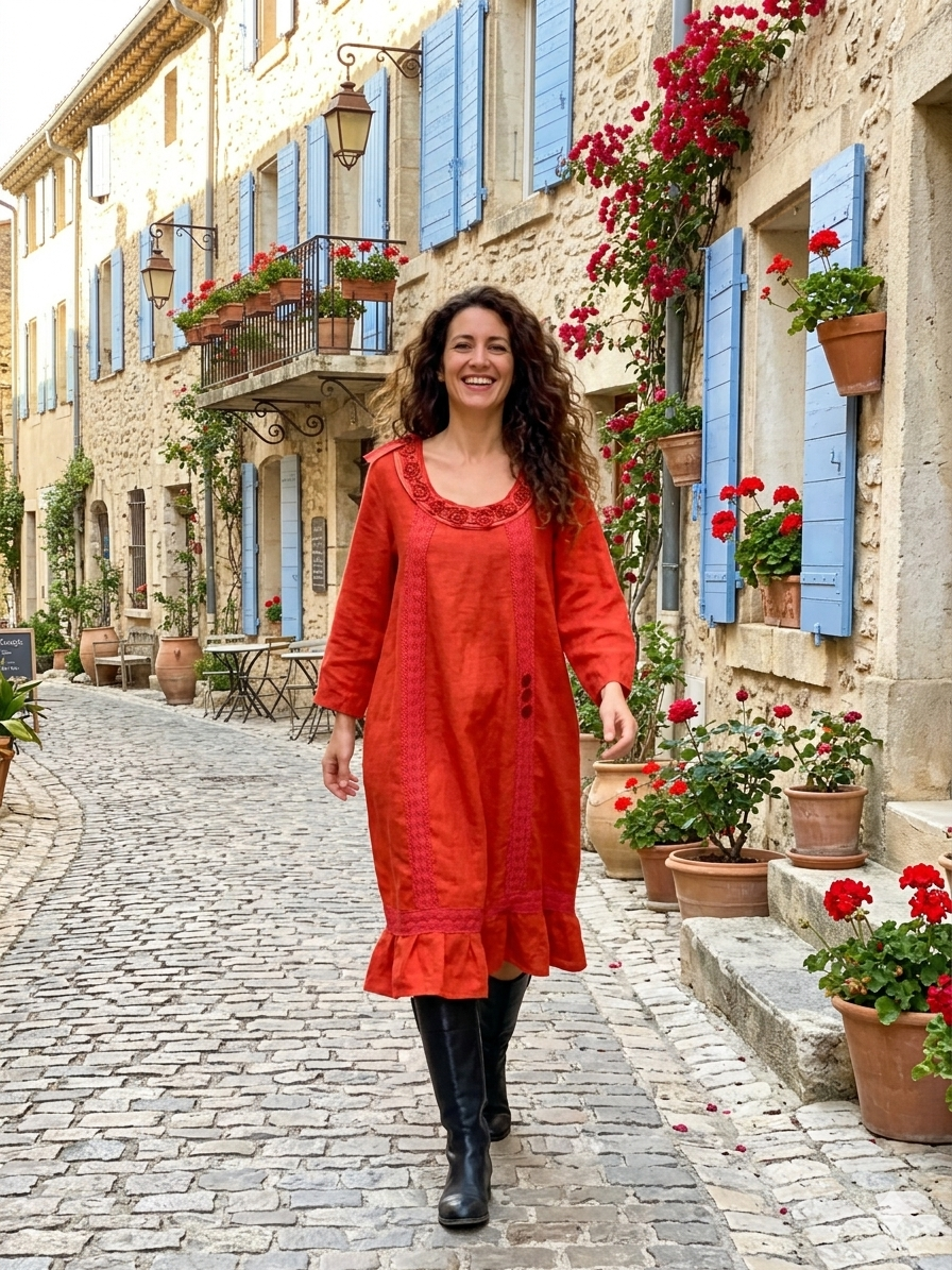 Robe en Lin Rouge corail convient du 40 au 46