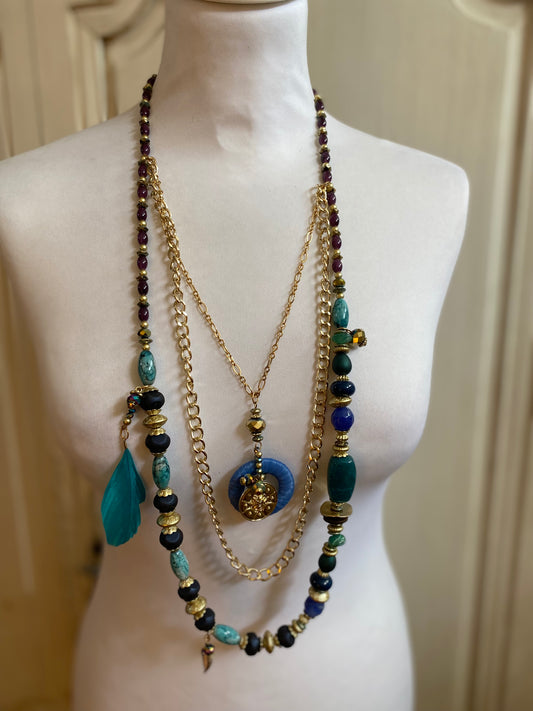 Collier plume bleu