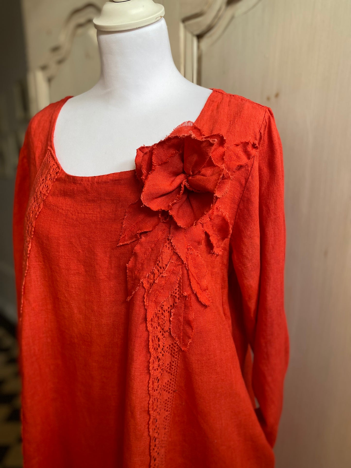 Robe en Lin Rouge corail convient du 40 au 46