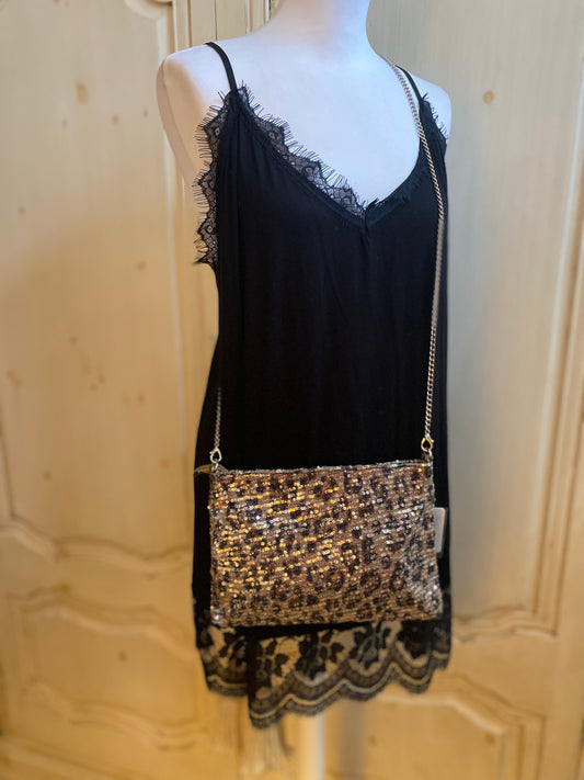 Pochette panthère taupe pailletée