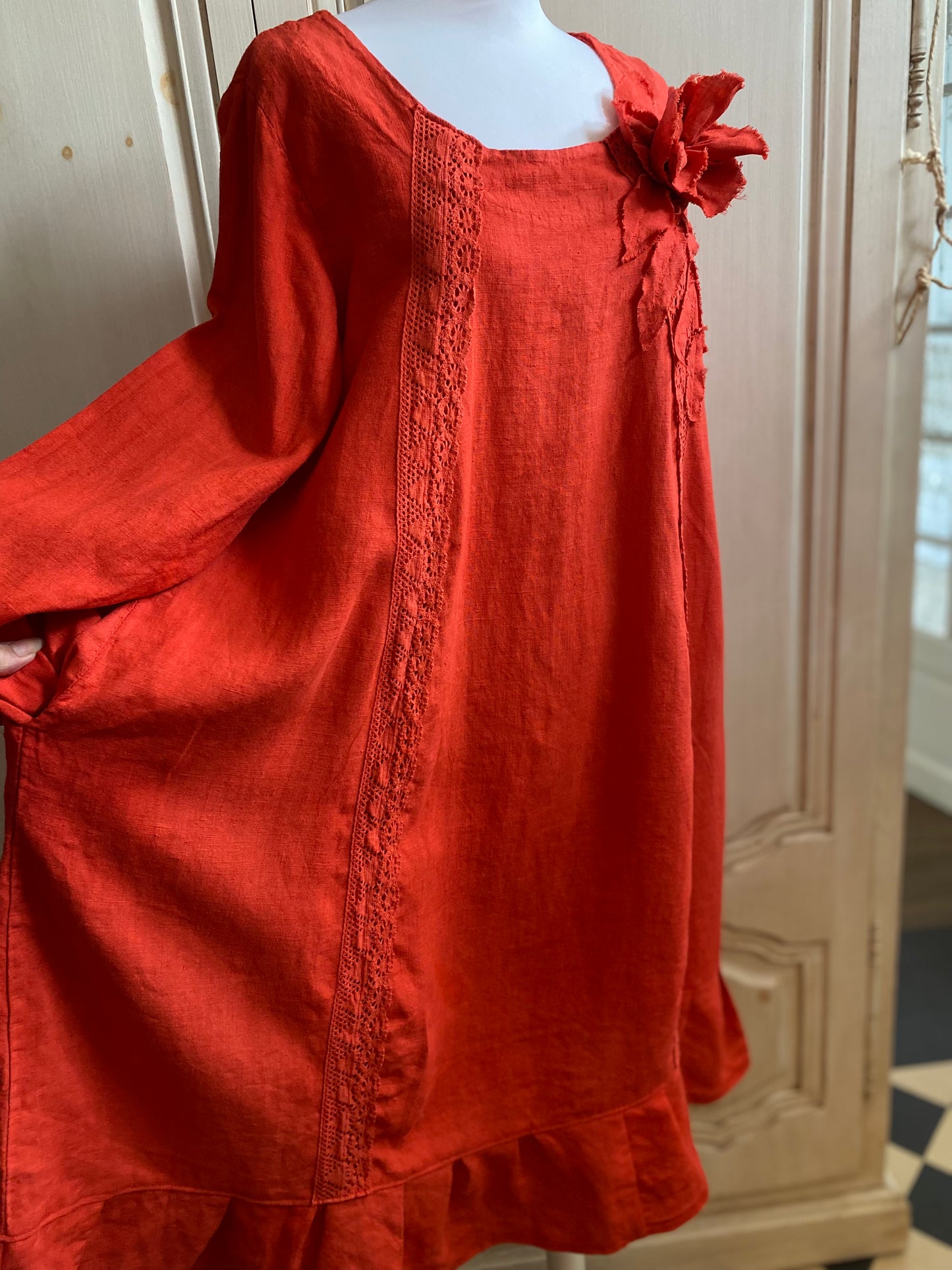 Robe en Lin Rouge corail convient du 40 au 46