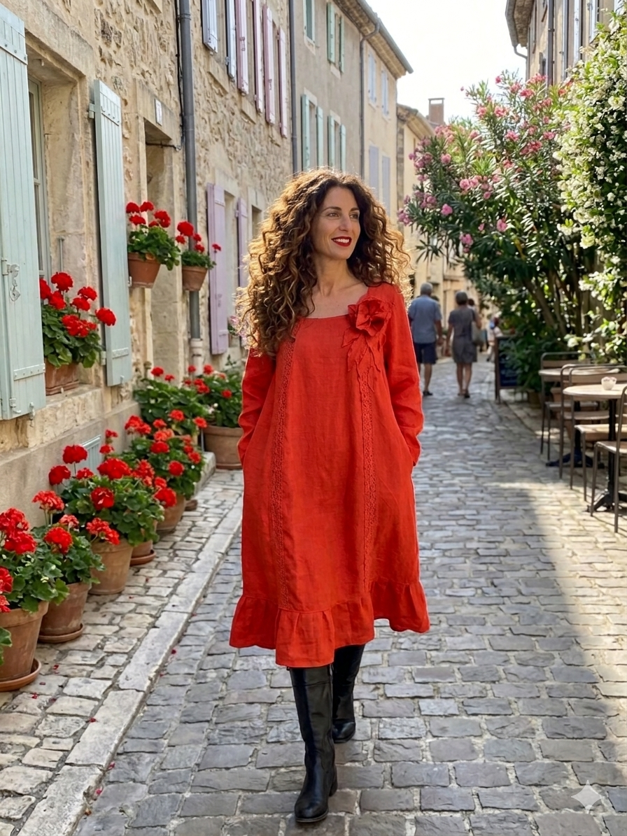 Robe en Lin Rouge corail convient du 40 au 46